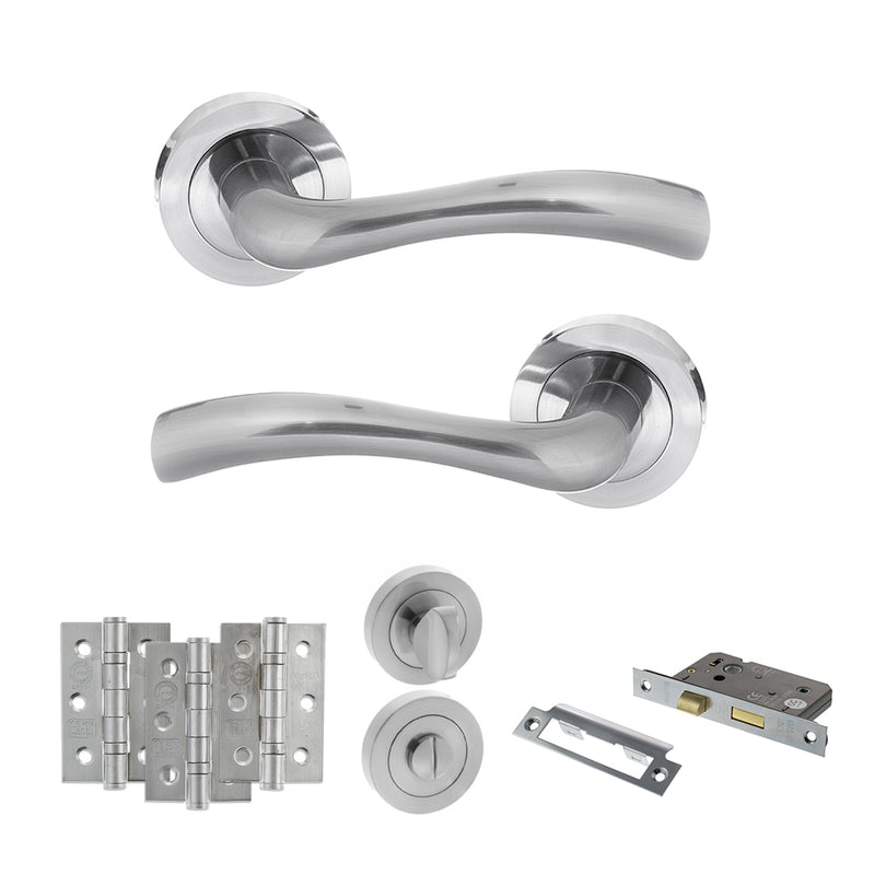 STATUS Texas Door Handle Pack (Bathroom Set - 2.5" CE Bathroom Lock, 3" Fire Rated Hinges x3) - Satin Chrome