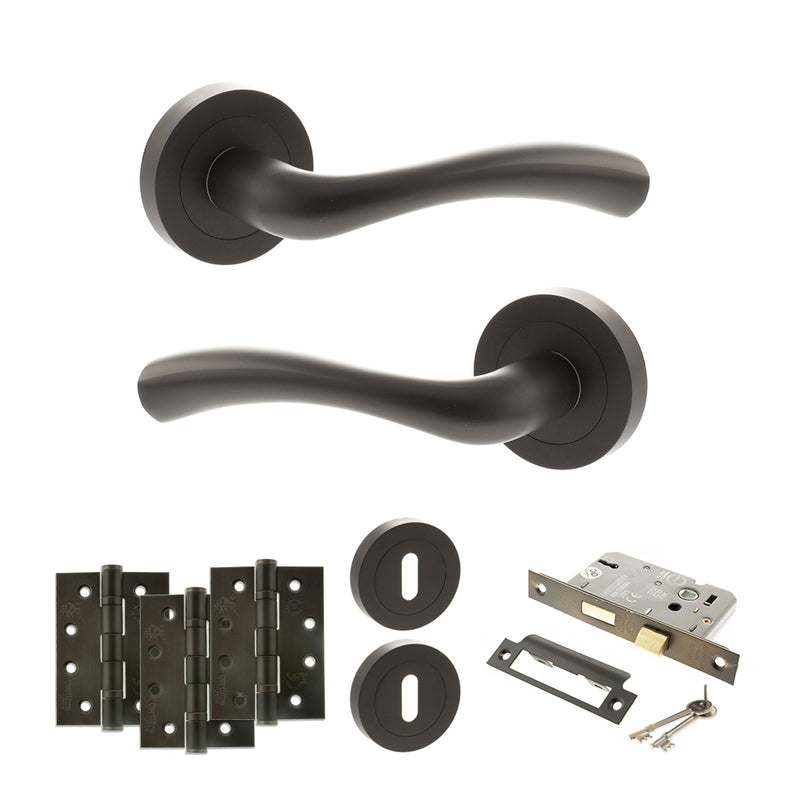 STATUS Texas Door Handle Pack (3 Lever Lock Set - 2.5" CE Sashlock, 4" Fire Rated Hinges x3) - Urban Dark Bronze