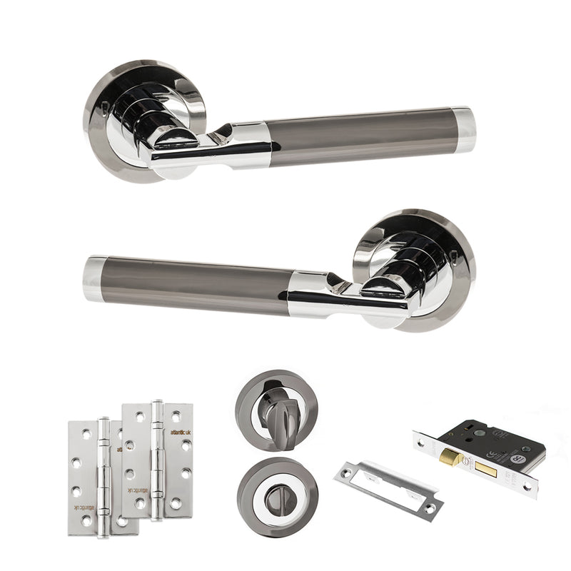 STATUS Dakota Door Handle Pack (Bathroom Set - 2.5" CE Bathroom Lock, 4" Slim Knuckle Hinges x2) - Black Nickel/Polished Chrome