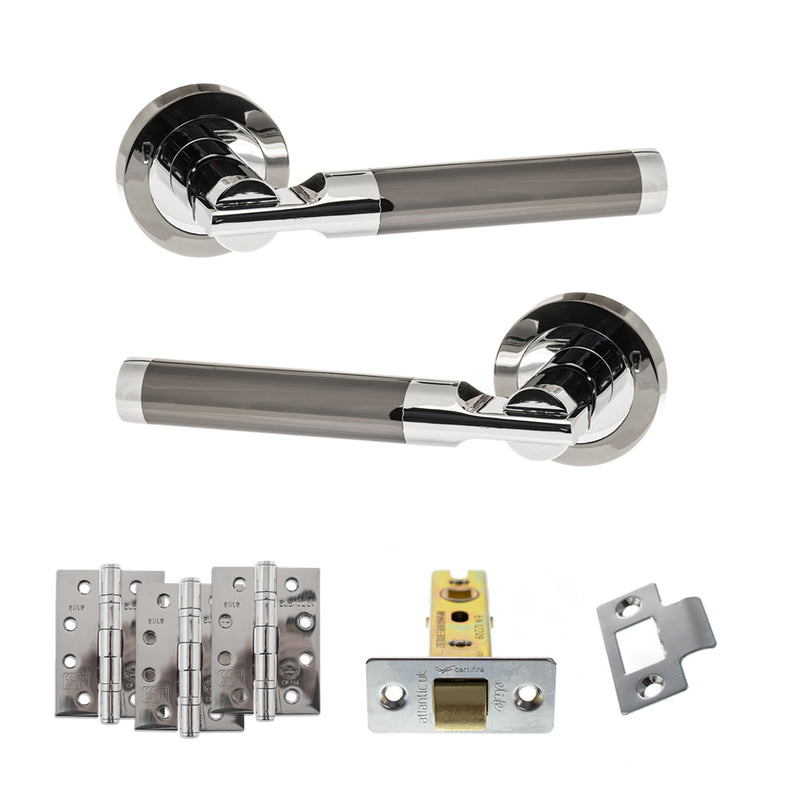 STATUS Dakota Door Handle Pack (Latch Set - 2.5" CE Latch, 4" Fire Rated Hinges x3) - Black Nickel/Polished Chrome