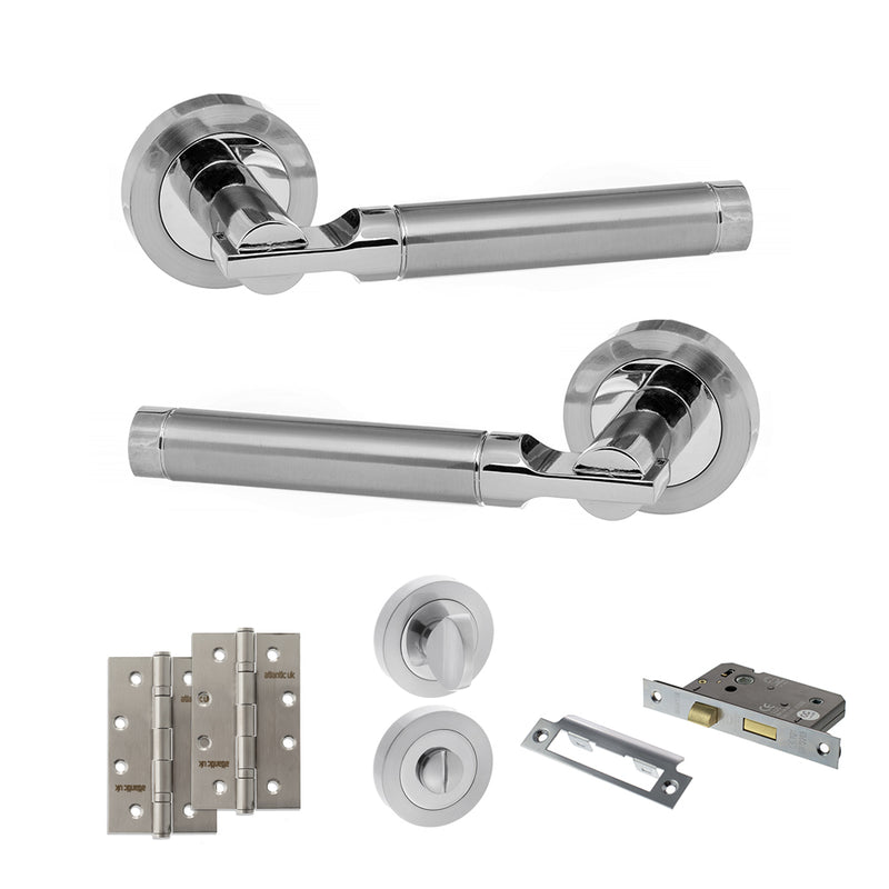STATUS Dakota Door Handle Pack (Bathroom Set - 2.5" CE Bathroom Lock, 4" Slim Knuckle Hinges x2) - Satin Chrome/Polished Chrome