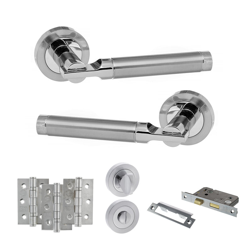 STATUS Dakota Door Handle Pack (Bathroom Set - 2.5" CE Bathroom Lock, 3" Fire Rated Hinges x3) - Satin Chrome/Polished Chrome