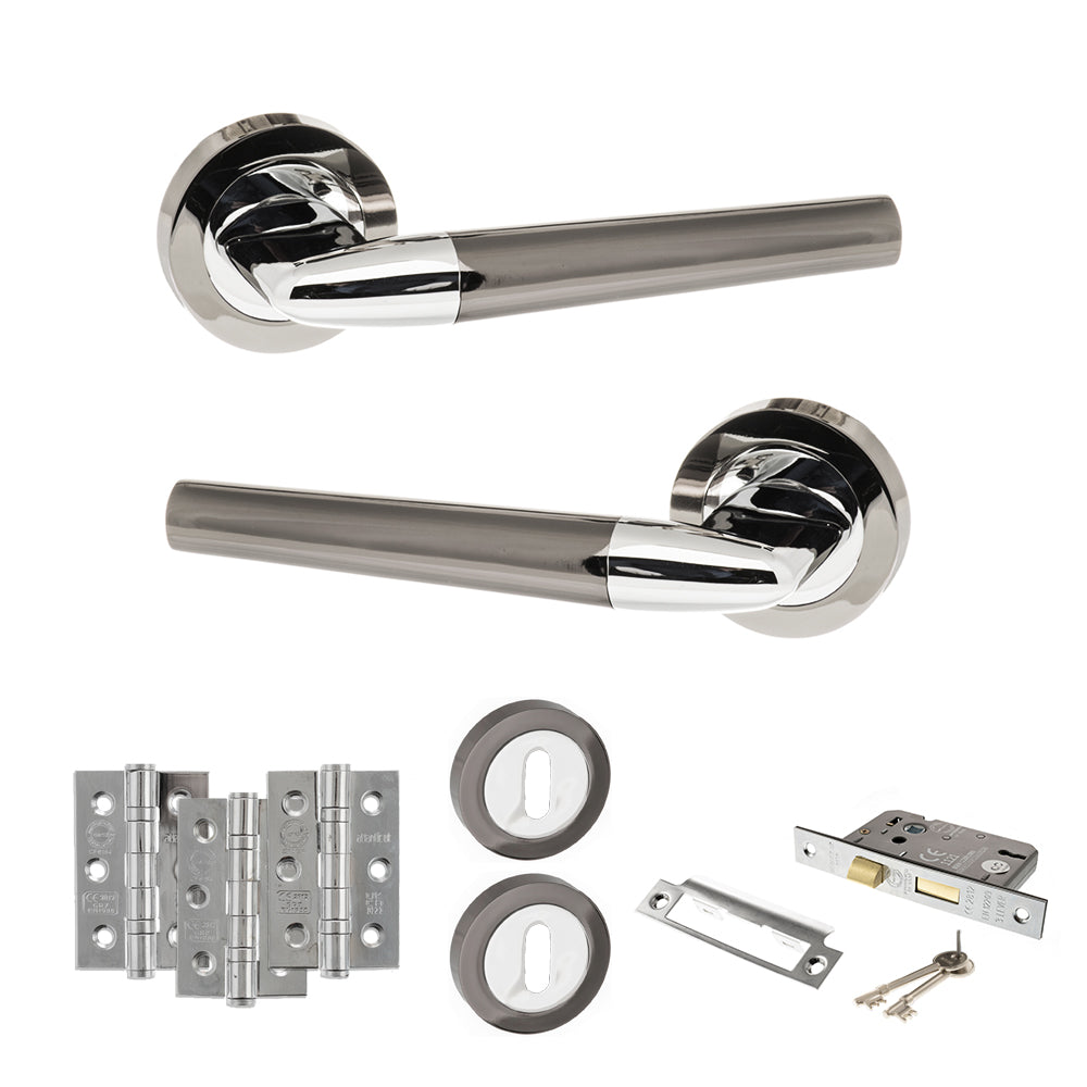 STATUS Tennessee Door Handle Pack (3 Lever Lock Set - 2.5" CE Sashlock, 3" Premium Hinges x3) - Black Nickel/Polished Chrome