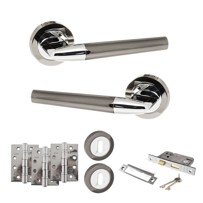STATUS Tennessee Door Handle Pack (3 Lever Lock Set - 3" CE Sashlock, 4" Fire Rated Hinges x3) - Black Nickel/Polished Chrome