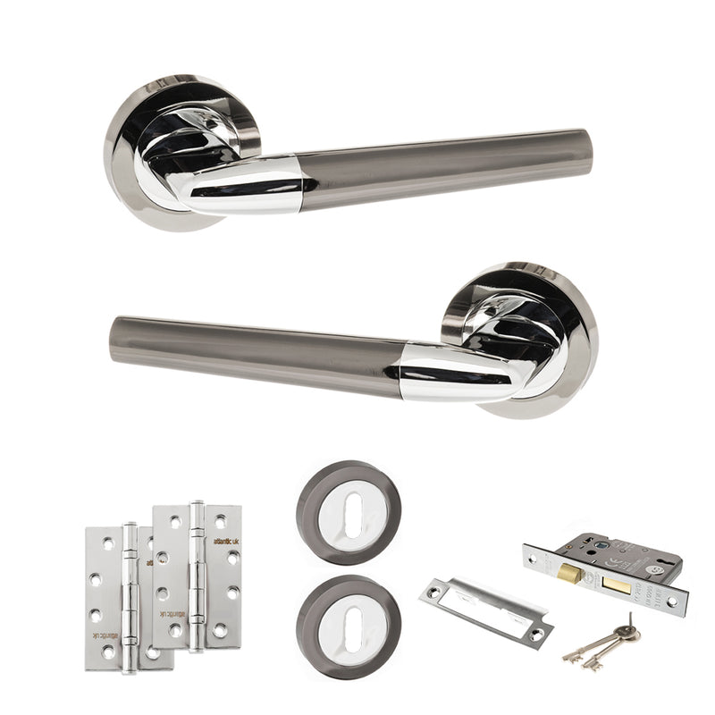 STATUS Tennessee Door Handle Pack (3 Lever Lock Set - 2.5" CE Sashlock, 4" Slim Knuckle Hinges x2) - Black Nickel/Polished Chrome