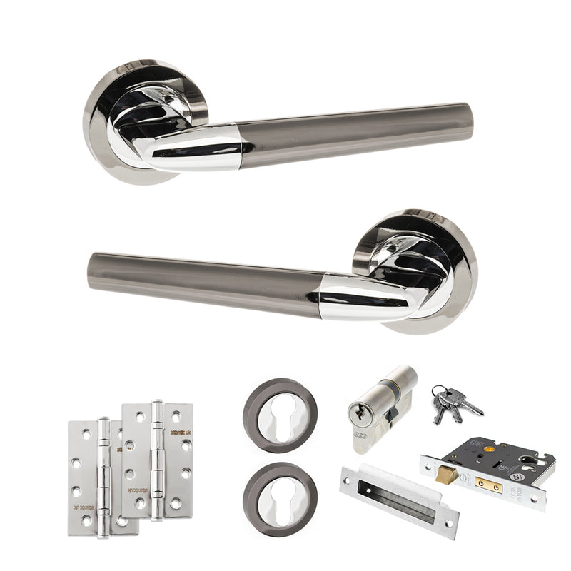 STATUS Tennessee Door Handle Pack (Euro Lock Set - 3" CE Sashlock, 4" Slim Knuckle Hinges x2) - Black Nickel/Polished Chrome