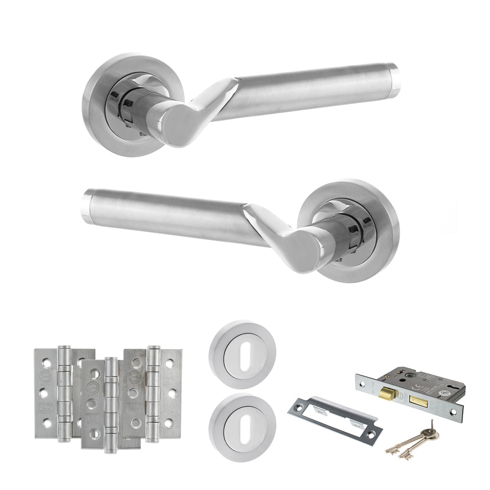 STATUS Hawaii Door Handle Pack (3 Lever Lock Set - 2.5" CE Sashlock, 3" Premium Hinges x3) - Satin Chrome/Polished Chrome