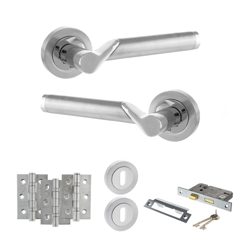 STATUS Hawaii Door Handle Pack (3 Lever Lock Set - 2.5" CE Sashlock, 3" Fire Rated Hinges x3) - Satin Chrome/Polished Chrome