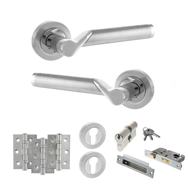 STATUS Hawaii Door Handle Pack (Euro Lock Set - 2.5" CE Sashlock, 3" Fire Rated Hinges x3) - Satin Chrome/Polished Chrome