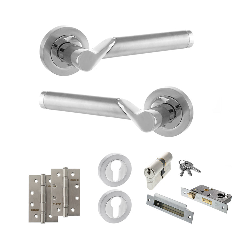 STATUS Hawaii Door Handle Pack (Euro Lock Set - 2.5" CE Sashlock, 4" Slim Knuckle Hinges x2) - Satin Chrome/Polished Chrome