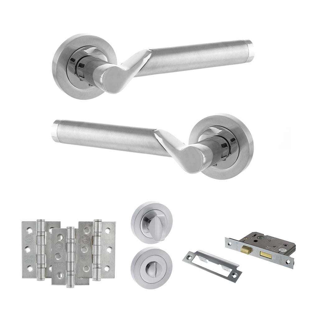 STATUS Hawaii Door Handle Pack (Bathroom Set - 3" CE Bathroom Lock, 3" Premium Hinges x3) - Satin Chrome/Polished Chrome
