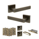 STATUS Montana Door Handle Pack (Bathroom Set - 3" CE Bathroom Lock, 4" Fire Rated Hinges x3) - Antique Brass