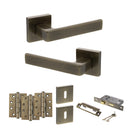 STATUS Montana Door Handle Pack (3 Lever Lock Set - 2.5" CE Sashlock, 4" Fire Rated Hinges x3) - Antique Brass