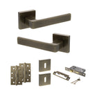 STATUS Montana Door Handle Pack (3 Lever Lock Set - 2.5" CE Sashlock, 4" Slim Knuckle Hinges x2) - Antique Brass