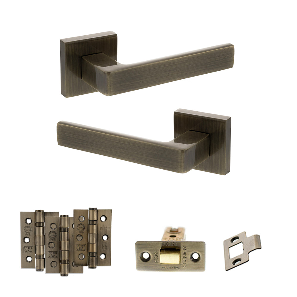 STATUS Montana Door Handle Pack (Latch Set - 3" CE Latch, 3" Premium Hinges x3) - Antique Brass