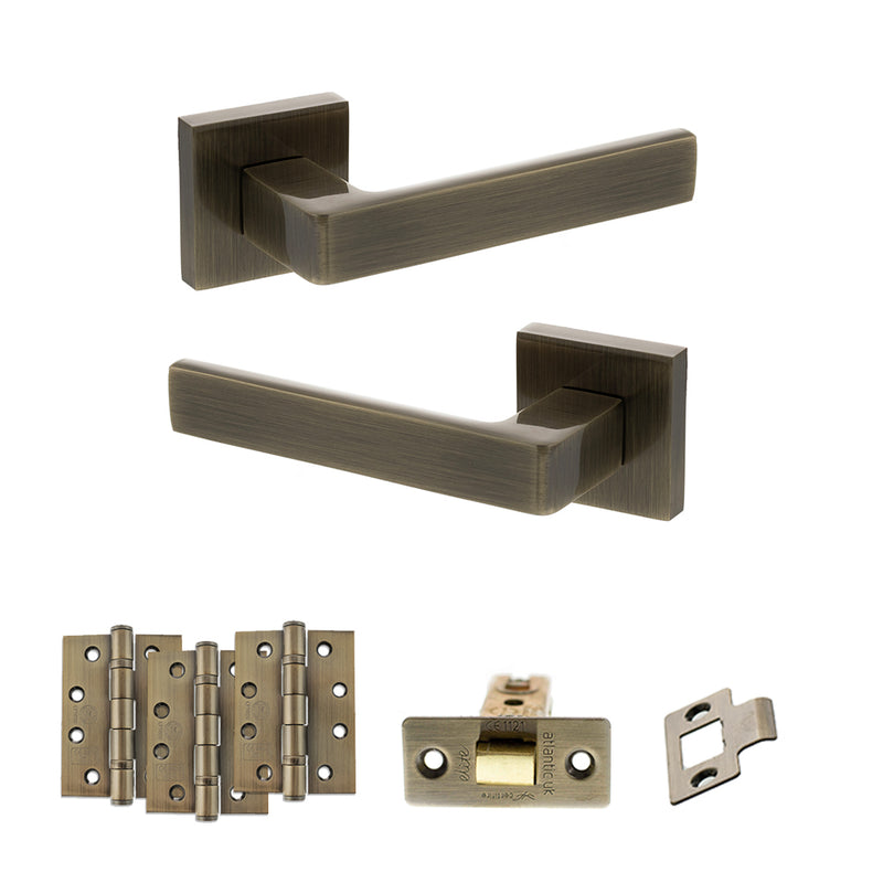 STATUS Montana Door Handle Pack (Latch Set - 2.5" CE Latch, 4" Fire Rated Hinges x3) - Antique Brass