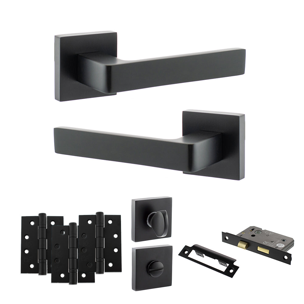 STATUS Montana Door Handle Pack (Bathroom Set - 3" CE Bathroom Lock, 4" Fire Rated Hinges x3) - Matt Black