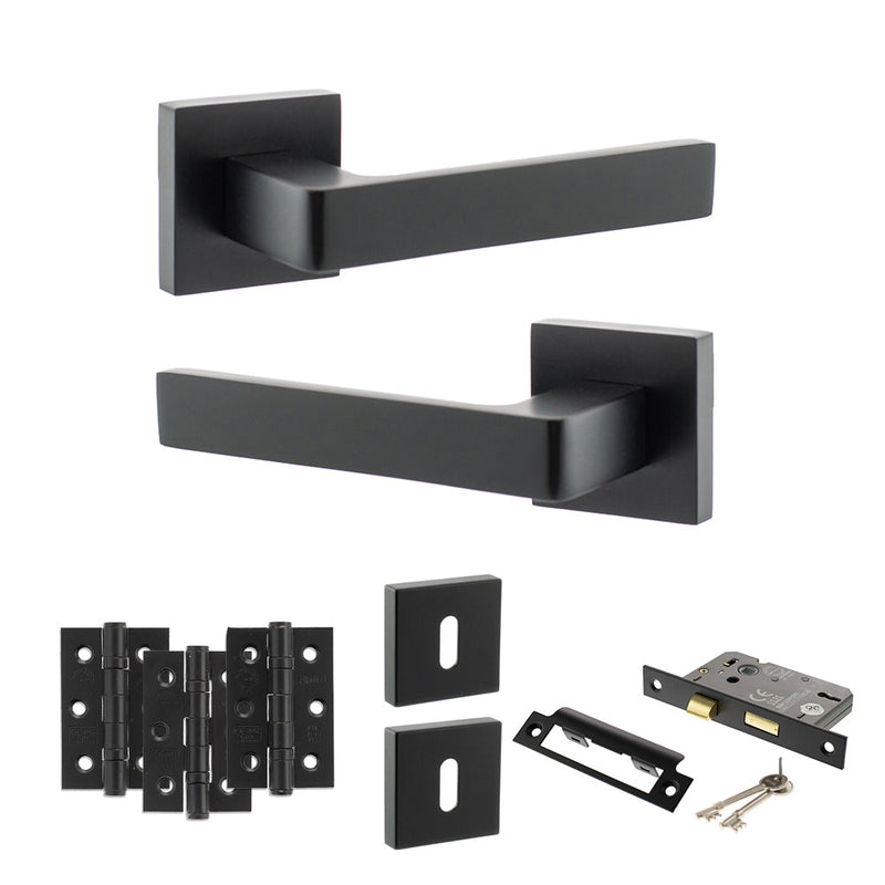 STATUS Montana Door Handle Pack (3 Lever Lock Set - 2.5" CE Sashlock, 3" Fire Rated Hinges x3) - Matt Black