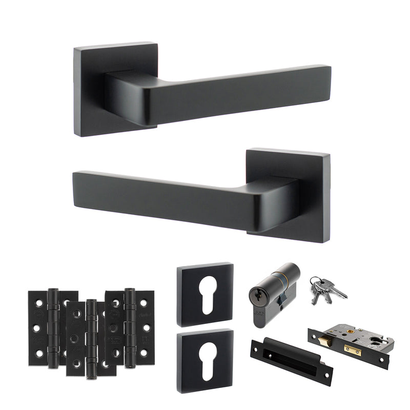 STATUS Montana Door Handle Pack (Euro Lock Set - 3" CE Sashlock, 3" Premium Hinges x3) - Matt Black