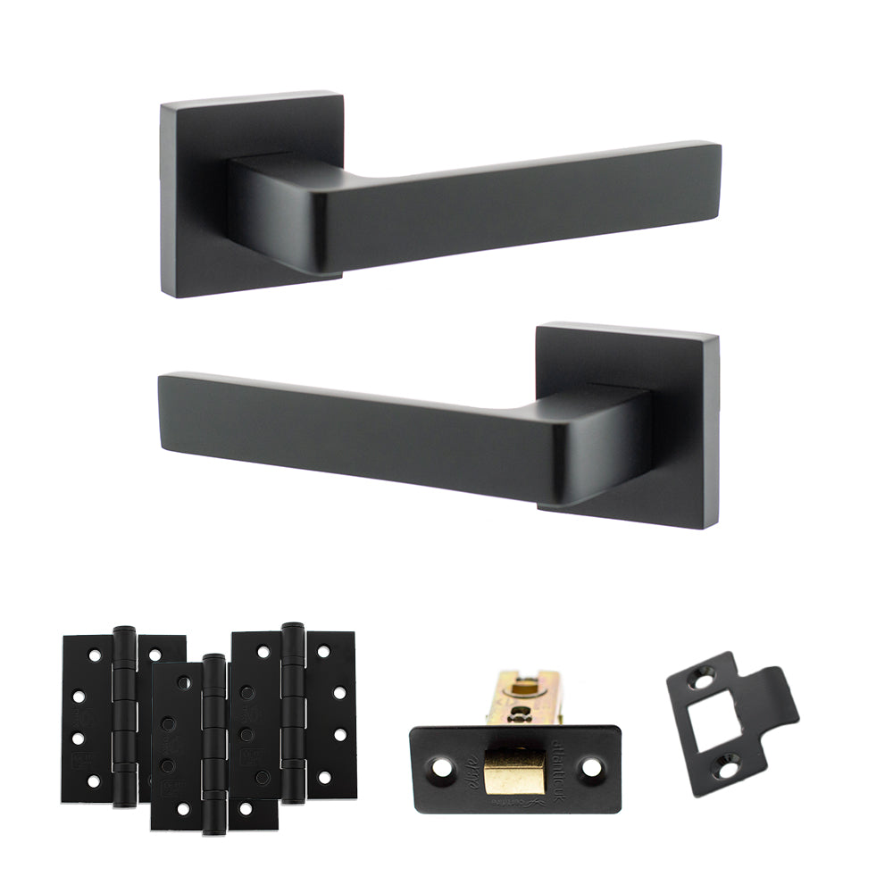 STATUS Montana Door Handle Pack (Latch Set - 2.5" CE Latch, 4" Fire Rated Hinges x3) - Matt Black
