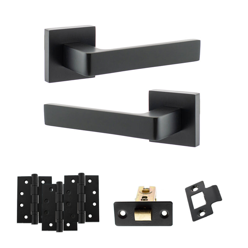 STATUS Montana Door Handle Pack (Latch Set - 2.5" CE Latch, 4" Fire Rated Hinges x3) - Matt Black