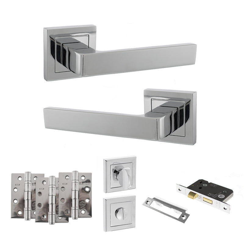 STATUS Montana Door Handle Pack (Bathroom Set - 3" CE Bathroom Lock, 4" Fire Rated Hinges x3) - Polished Chrome