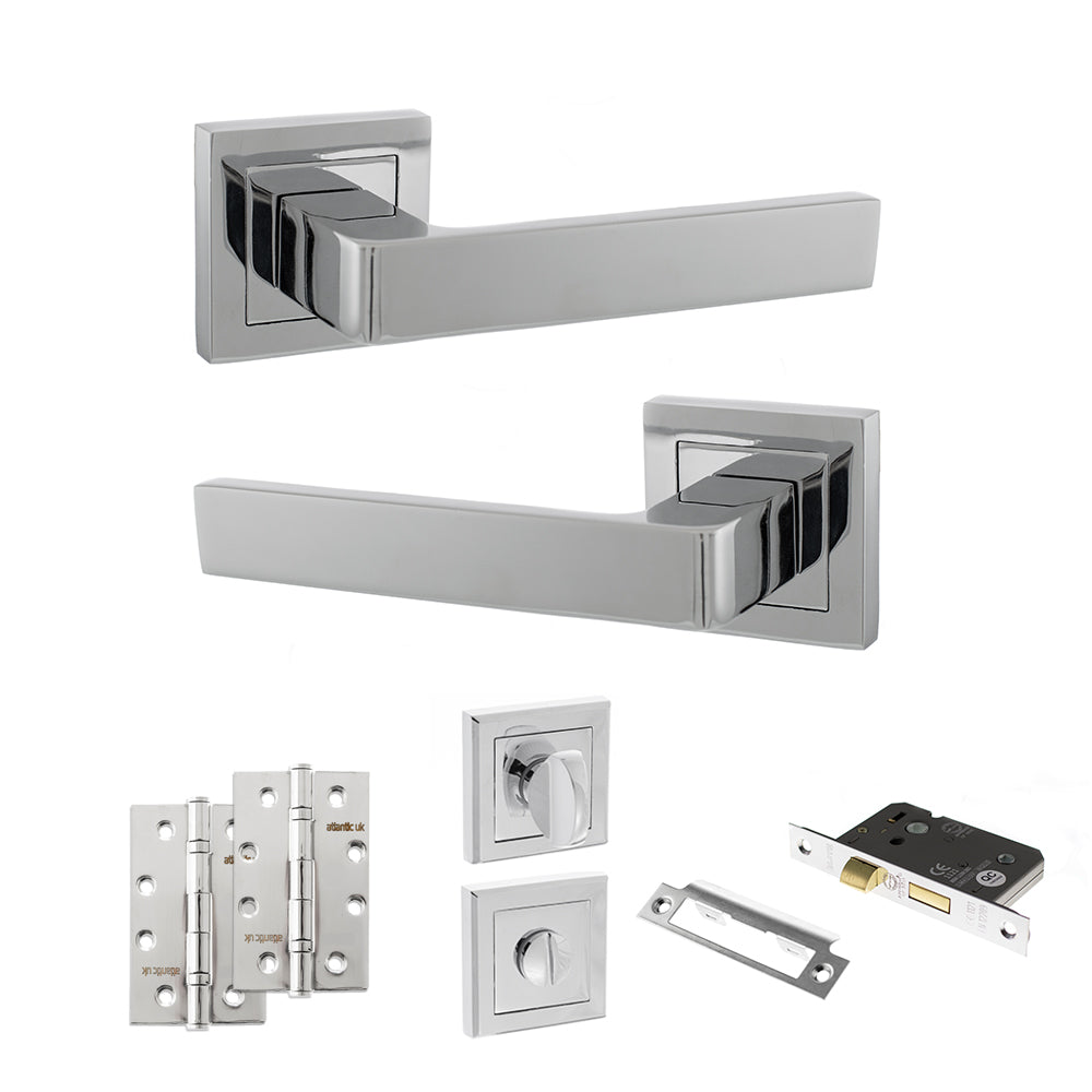 STATUS Montana Door Handle Pack (Bathroom Set - 2.5" CE Bathroom Lock, 4" Slim Knuckle Hinges x2) - Polished Chrome