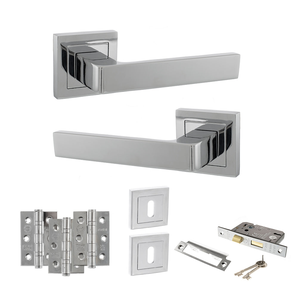 STATUS Montana Door Handle Pack (3 Lever Lock Set - 2.5" CE Sashlock, 3" Premium Hinges x3) - Polished Chrome