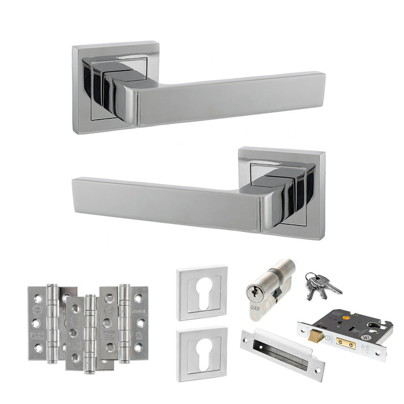 STATUS Montana Door Handle Pack (Euro Lock Set - 2.5" CE Sashlock, 3" Fire Rated Hinges x3) - Polished Chrome