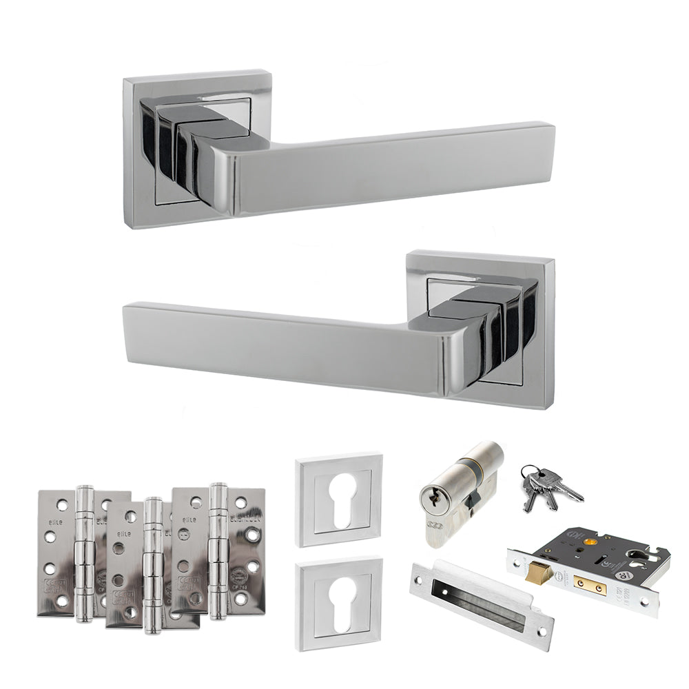 STATUS Montana Door Handle Pack (Euro Lock Set - 2.5" CE Sashlock, 4" Fire Rated Hinges x3) - Polished Chrome