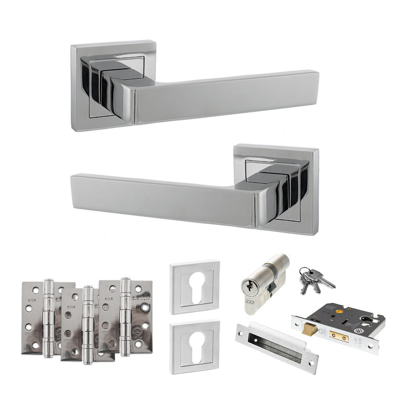 STATUS Montana Door Handle Pack (Euro Lock Set - 2.5" CE Sashlock, 4" Fire Rated Hinges x3) - Polished Chrome