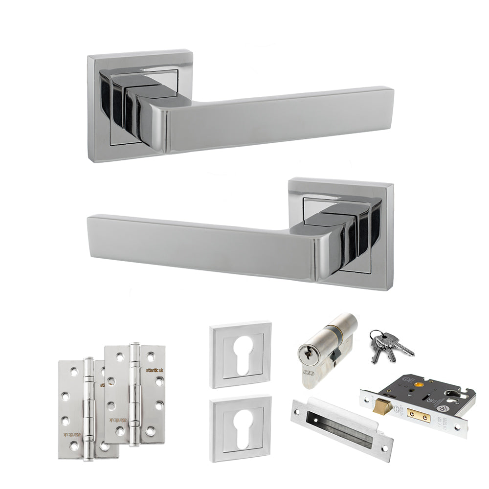 STATUS Montana Door Handle Pack (Euro Lock Set - 3" CE Sashlock, 4" Slim Knuckle Hinges x2) - Polished Chrome