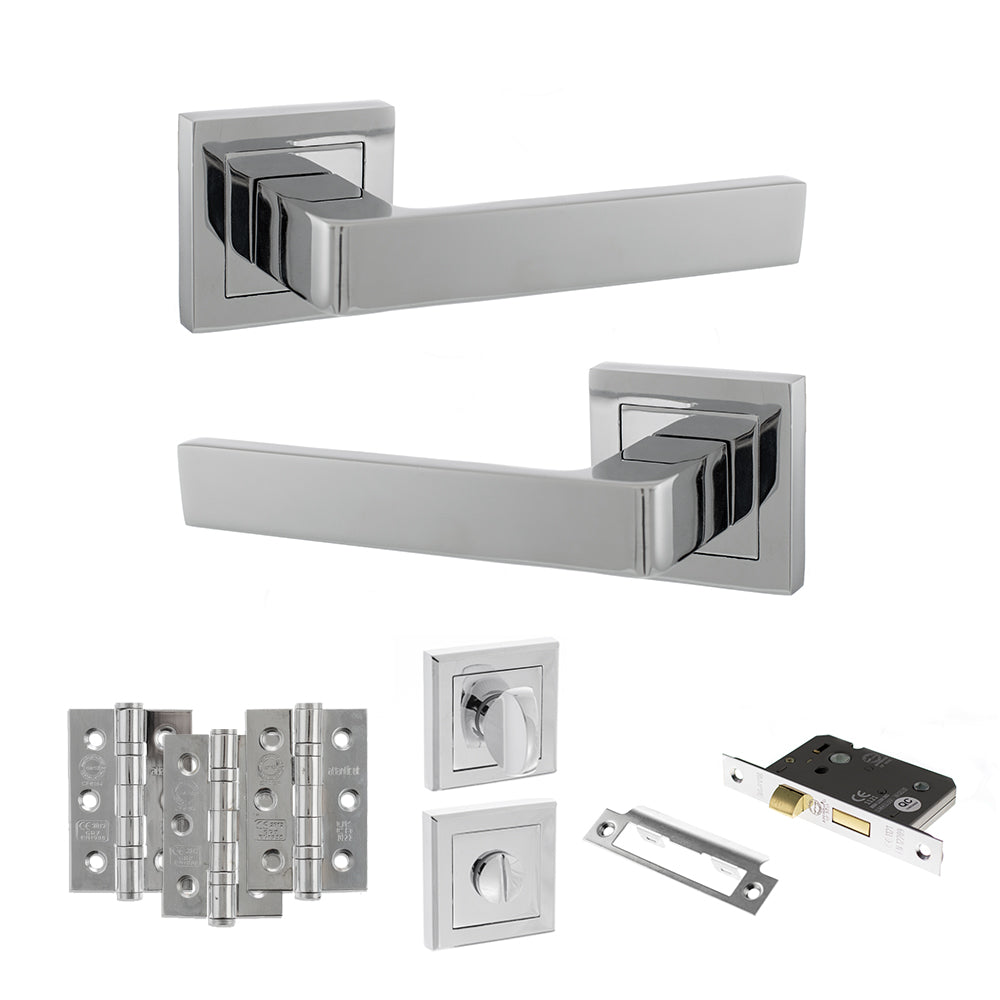 STATUS Montana Door Handle Pack (Bathroom Set - 2.5" CE Bathroom Lock, 3" Premium Hinges x3) - Polished Chrome