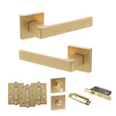 STATUS Montana Door Handle Pack (Bathroom Set - 2.5" CE Bathroom Lock, 4" Fire Rated Hinges x3) - Satin Brass