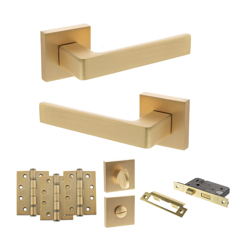 STATUS Montana Door Handle Pack (Bathroom Set - 3" CE Bathroom Lock, 4" Fire Rated Hinges x3) - Satin Brass