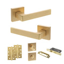 STATUS Montana Door Handle Pack (Bathroom Set - 3" CE Bathroom Lock, 4" Slim Knuckle Hinges x2) - Satin Brass