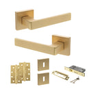 STATUS Montana Door Handle Pack (3 Lever Lock Set - 2.5" CE Sashlock, 4" Slim Knuckle Hinges x2) - Satin Brass