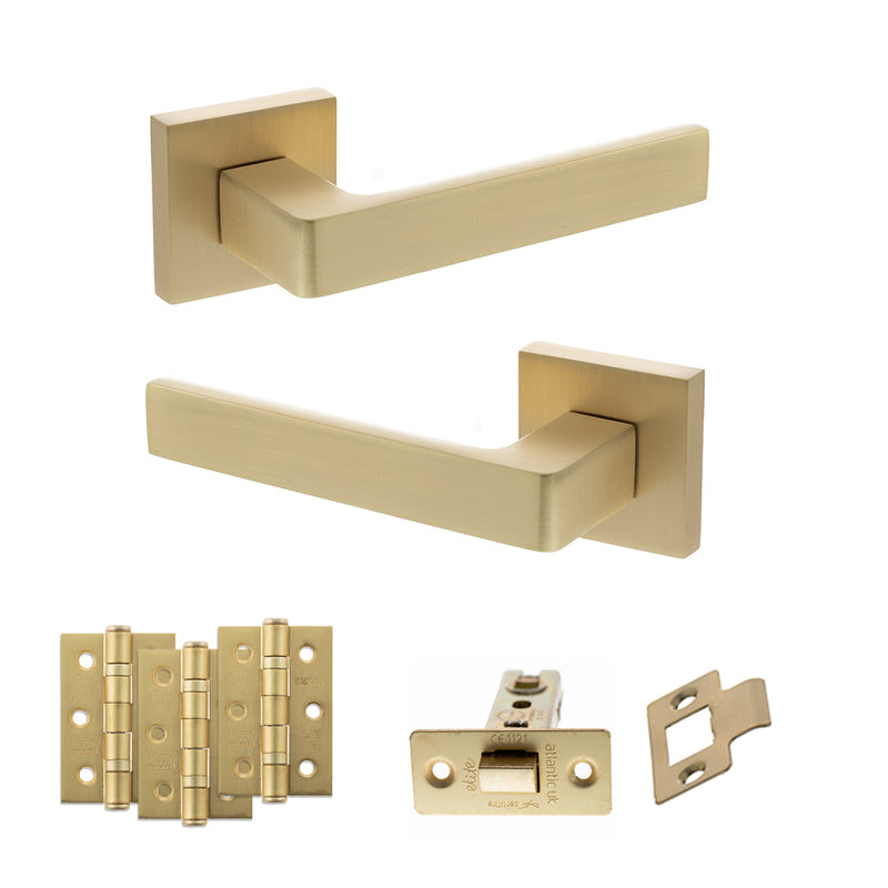 STATUS Montana Door Handle Pack (Latch Set - 2.5" CE Latch, 3" Fire Rated Hinges x3) - Satin Brass