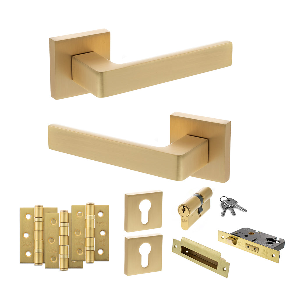 STATUS Montana Door Handle Pack (Euro Lock Set - 2.5" CE Sashlock, 3" Premium Hinges x3) - Satin Brass