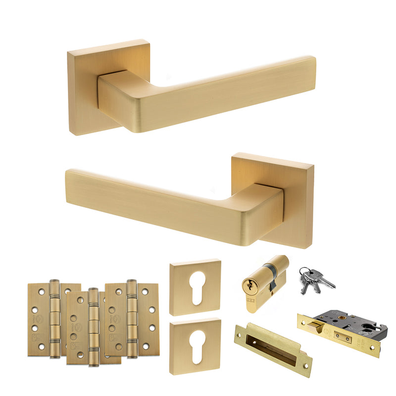 STATUS Montana Door Handle Pack (Euro Lock Set - 2.5" CE Sashlock, 4" Fire Rated Hinges x3) - Satin Brass