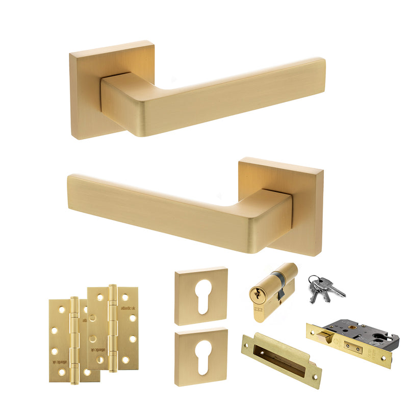 STATUS Montana Door Handle Pack (Euro Lock Set - 2.5" CE Sashlock, 4" Slim Knuckle Hinges x2) - Satin Brass
