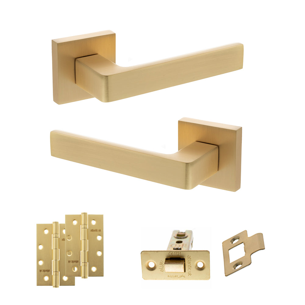 STATUS Montana Door Handle Pack (Latch Set - 2.5" CE Latch, 4" Slim Knuckle Hinges x2) - Satin Brass