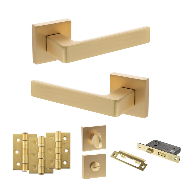 STATUS Montana Door Handle Pack (Bathroom Set - 3" CE Bathroom Lock, 3" Fire Rated Hinges x3) - Satin Brass