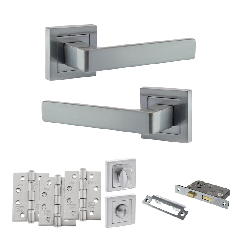 STATUS Montana Door Handle Pack (Bathroom Set - 3" CE Bathroom Lock, 4" Fire Rated Hinges x3) - Satin Chrome