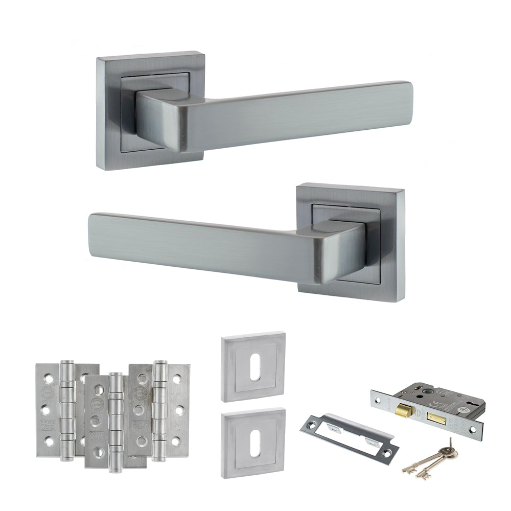 STATUS Montana Door Handle Pack (3 Lever Lock Set - 3" CE Sashlock, 3" Premium Hinges x3) - Satin Chrome