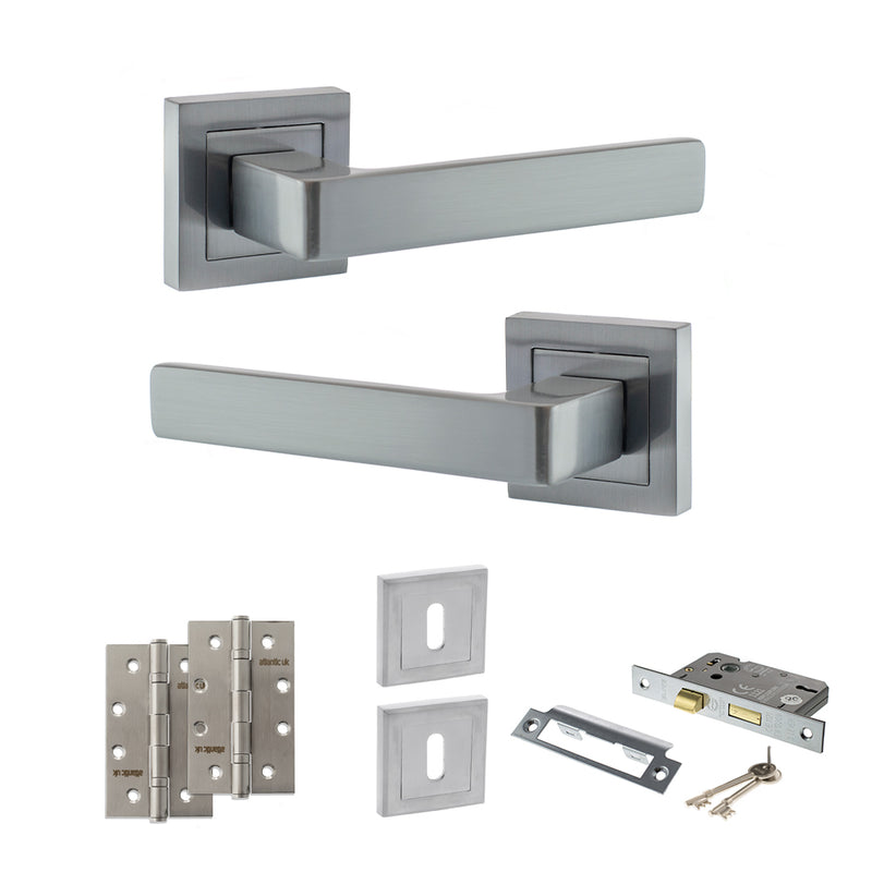 STATUS Montana Door Handle Pack (3 Lever Lock Set - 3" CE Sashlock, 4" Slim Knuckle Hinges x2) - Satin Chrome
