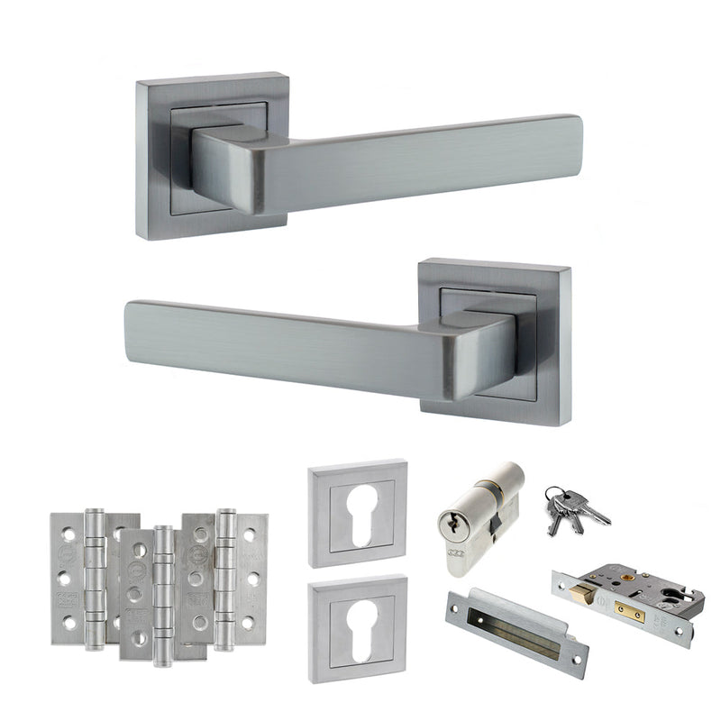 STATUS Montana Door Handle Pack (Euro Lock Set - 2.5" CE Sashlock, 3" Fire Rated Hinges x3) - Satin Chrome