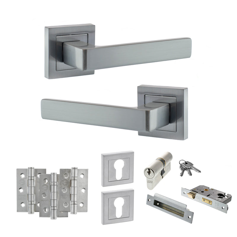 STATUS Montana Door Handle Pack (Euro Lock Set - 3" CE Sashlock, 3" Premium Hinges x3) - Satin Chrome