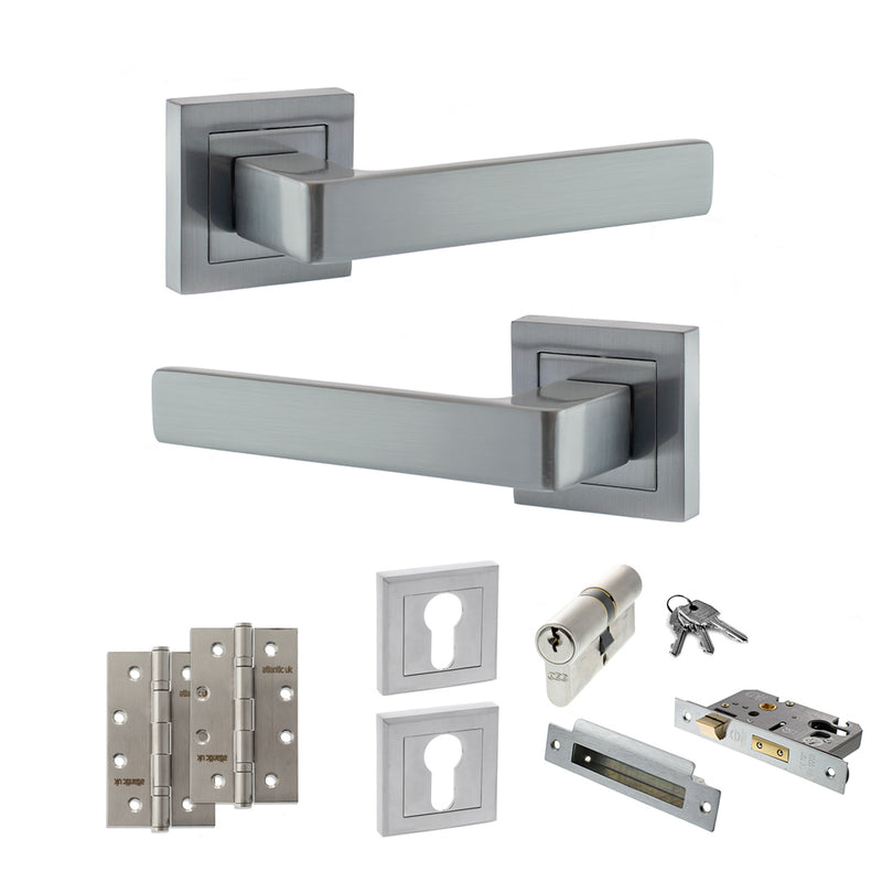 STATUS Montana Door Handle Pack (Euro Lock Set - 3" CE Sashlock, 4" Slim Knuckle Hinges x2) - Satin Chrome