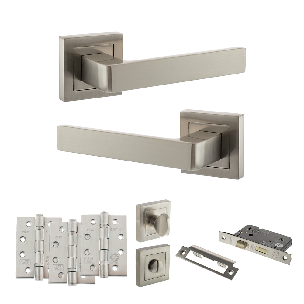 STATUS Montana Door Handle Pack (Bathroom Set - 3" CE Bathroom Lock, 4" Fire Rated Hinges x3) - Satin Nickel